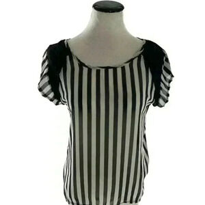 Sheer Women's Lightweight Black and White Striped Summer Shirt Top Size Medium